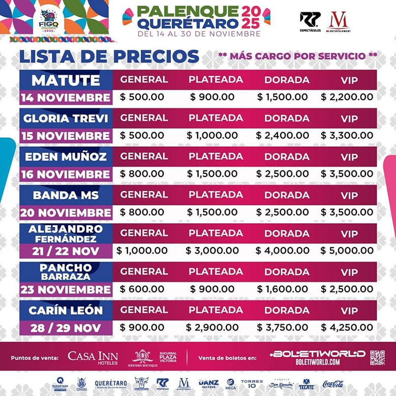 Lista de Precios Programa Palenque Feria Querétaro